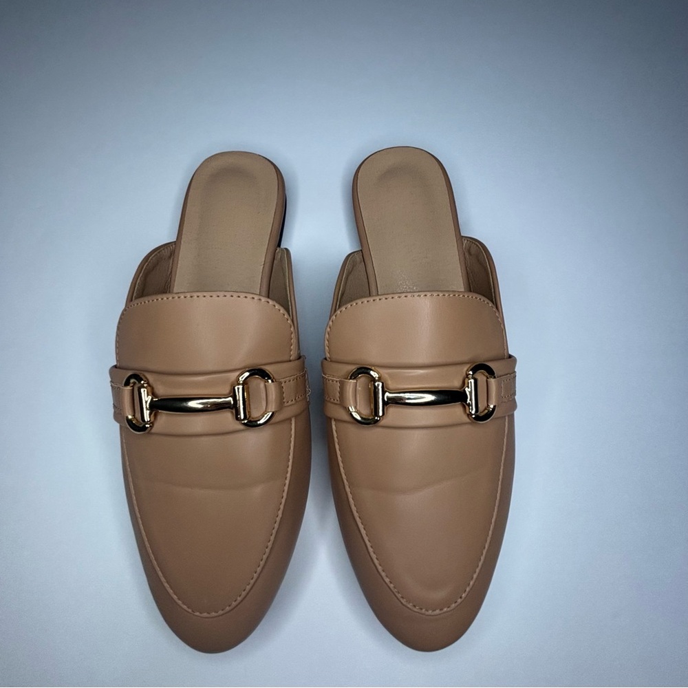 SHEIN Tan Loafers with Gold Buckle